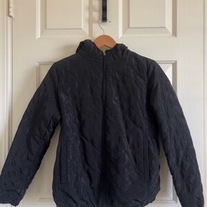 Black quilted puffer jacket with hood and zipper